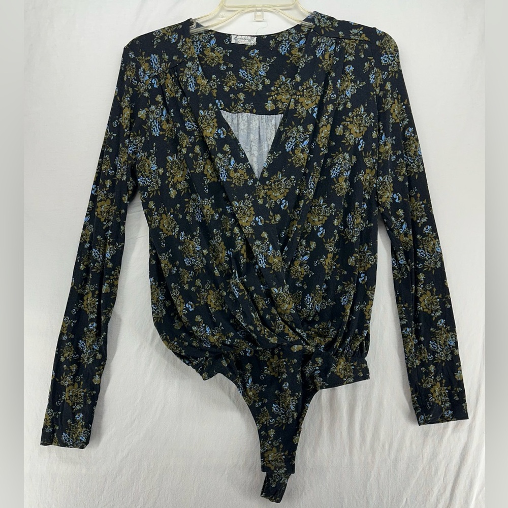 Free People Intimately Black Green Floral Long Sleeve Bodysuit Wrap Top‎ S